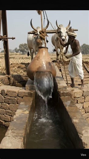 "farmer irrigating crops with traditional Dhenkli,Chadas using bullocks fromawell.🌾🐂"#viral#ytshort"