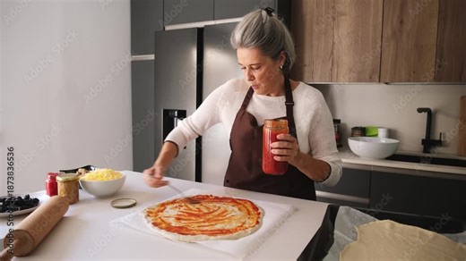 Senior woman in an apron preparing a homemade pizza in a modern kitchen