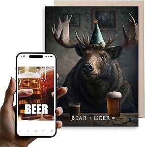 Magic Greetings - Funny Bear Deer Beer Birthday Card - Interactive Video Card - Beer Card for Men, Friends, Dad, Husband, Beer Lovers - Easy QR Activation No App Needed - Made in the USA