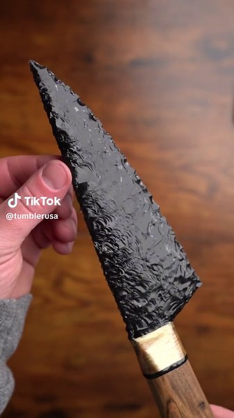 Refining the raw power of obsidian to razor-sharp perfection with the precision of the tumbler rolling sharpener. 🔪✨ #ObsidianCrafting #SharpAsObsidian