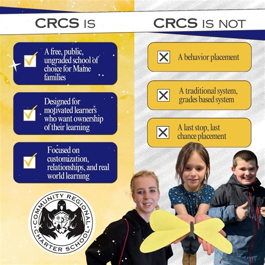 🤔 Myth: CRCS sometimes get mistaken for a behavior or alternative placement school. 🙂 Reality: In reality, our students are here by choice and are actively engaged in shaping their learning. Reach out to learn more about who CRCS is and what CRCS does! https://docs.google.com/forms/d/e/1FAIpQLSeFVQpNFTkJiFiftZTUDzY3UlRNsW_RZgIkavMQwkO3bJPADg/viewform | Community Regional Charter School