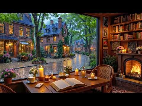 Relaxing Spring Rain Coffee Shop ☕ Soft Jazz Piano & Fireplace Sounds for Relax & Focus
