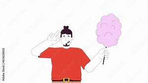 Happy plus sized man holding candy floss line 2D character animation. Body positive flat color cartoon 4K video, alpha channel. Plump caucasian male with dessert animated person on white background