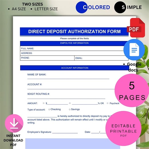 Direct Deposit Authorization. Printable Employee Direct Deposit Form. HR Template. Editable Word/google Docs/pdf. Instant Download. - Etsy