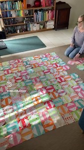 Block layout decision time! This is a bigger sized quilt so no design wall this time, back to the floor. I’ve made 4 blocks in each different fabric so you can see me sorting them as I go. It means I place 1/4 of the blocks at a time and it makes sure all the different prints are spread across the whole quilt top. The Round Trip quilt pattern will be available as a PDF, it will come with instructions for 2 different sized blocks, requirements for fat quarters or yardage and 4 different quilt siz