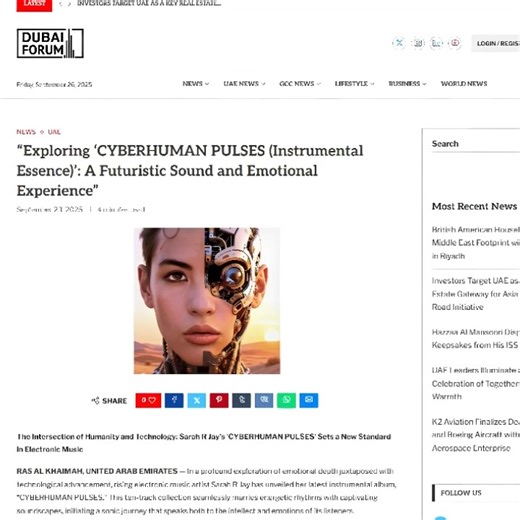 Sarah R Jay on Instagram: "✨❤️ My deepest thanks to @dubaiforumme for the wonderful publication and review of my instrumental album **CYBERHUMAN PULSES** 🙏⚡ Grateful for the recognition and support — it means a lot to me seeing this project resonating in Dubai’s vibrant cultural space 💫 #CyberhumanPulses #DubaiForum #Gratitude #NewAlbum #SarahRJay"