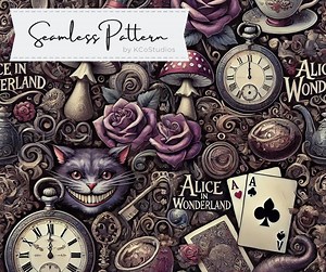 Modèle sans couture d'Alice au pays des merveilles | Papier numérique Gothique Fantasy Tea Party | Tissu imprimé conte de fées foncé | Téléchargement instantané - Etsy France