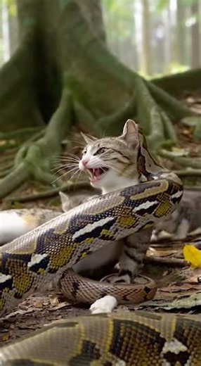 Huge python attacks mother cat protecting her babies #animals #cat #rescuecat