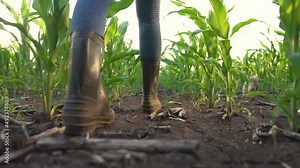 Agriculture. Farmer in rubber boots walk through cornfield. Maize plantation at sunset.Farmer feet in rubber boot on fertile soil.Corn farm at sunset.Growing green plants on farm.Green corn plantation Stock Video