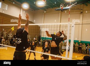Soldier assigned to the 3rd Battalion, 69th Armor Regiment, 1st Armored Brigade Combat Team, 3rd Infantry Division, spikes the volleyball during Marne Week at Fort Stewart, Georgia, Dec. 1, 2022. The 3rd ID promotes esprit de corps and celebrates Marne history during Marne Week. (U.S. Army video by Spc. Michael Udejiofor, 50th Public Affairs Detachment Stock Photo - Alamy