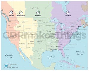 Digital Map of the Continental United States, Showing 4 Time Zones. Includes States and State Capitals | High-res Map for Self-printing - Etsy