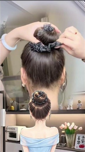 Cute and Youthful Flower Pom Pom Bun Hairdo Tutorial