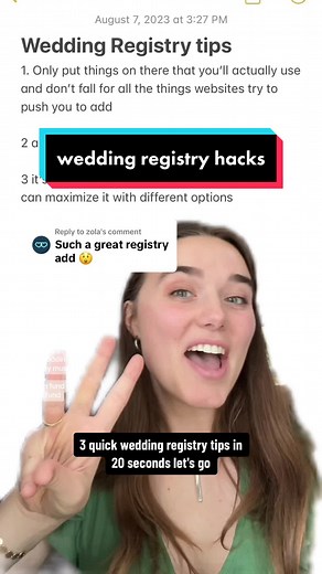 Replying to @zola 3 best wedding registry pieces of advice in general haha (also hey miss Zola thanks for the love!!) #weddingregistry #weddingplanningtips #weddinghacks