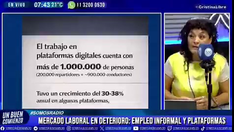 📢 Crecen las plataformas digitales en Argentina​"El trabajo en plataformas digitales cuenta con más de 1.000.000 de personas... tuvo un crecimiento del 30-38% anual."​El sector ya emplea a más de 1.000.000 de personas, con un crecimiento anual de hasta el 38%.​🛵 Ante este escenario, repartidores de Córdoba convocan a una movilización y paro para el próximo 24 de abril a las 20:00 hs.#UnBuenComienzo con @Nicomarsico y @MQprensa