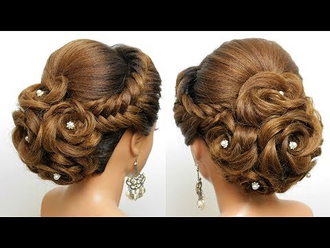 Bridal Hairstyle For Long Hair. Wedding Updo With Bun Of Braided Flowers