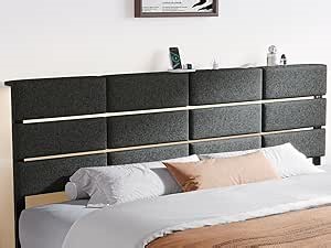Full/Queen Size Upholstered Headboard, Adjustable Head boards with LED Light & Charging Station, Bed Headboard Only, Attach Frame, Study & Comfortable, Ideal for Bedroom, Dorm, Guest Room, Dark Grey