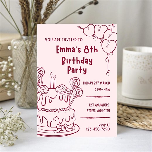 Cake & Lollipops Birthday Party Invitation, Line Art (editable Canva Template) - Etsy