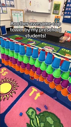 Here’s another amazing tower built by my preschoolers using colorful Solo cups, craft sticks, and