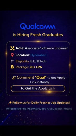 Sdo Openings on Instagram: "Qualcomm is hiring #Freshers for Associate #Software Engineer. Location: Hyderabad Job Description: - Qualcomm is looking for Modem-RF Wireless SW engineers at levels with 0-3 yrs of experience, with knowledge of RF and Digital Communications. - The candidate will develop and validate the software for Qualcomm's Modem-RF Wireless chipsets. #Qualcomm"