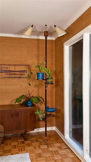This incredible early-1960s lighted tension pole plant stand by Lightolier will be available tomorrow. Message for info! | Esthetic Vintage