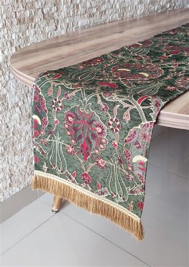 Dark Green Tulip Long Table Runner: Turkish Chenille Fabric, Fringed Edges (13x40" Inches) - Etsy UK
