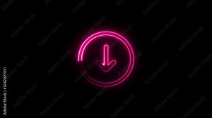 Neon Download icon animation.Arrow down symbol reveal. slide, upload, download, downloading, uploading.