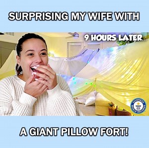 211K views · 200 reactions | While my wife was away visiting family, I spent the entire day building a giant pillow fort in our home to surprise her! I'd never built a pillow fort before, so had no idea how to go about this, but hope you enjoy the final product!! | Sam and Monica | Facebook