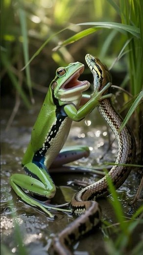Green frog swallowing a snake alive #snake #frog