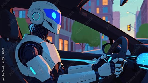 AI robot driving car Autonomous Vehicle Artificial Intelligence Assistant Smart Commute Futuristic Taxi Technology Metaphor Cartoon