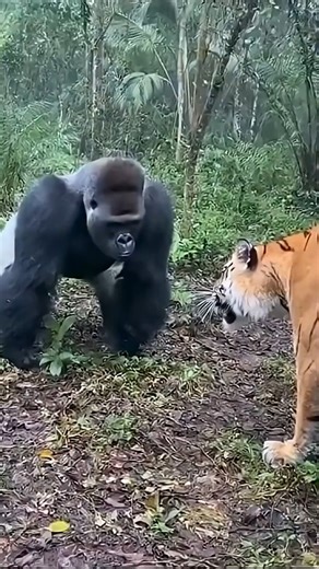 BeastFlix on Instagram: "What Happens When a Gorilla Meets a Tiger in the Jungle? 🦍🐅 Witness a rare interaction in the **wild** between a gorilla and a tiger. This **animal** encounter, shows the cautious curiosity between the two **animals**. A true moment in **nature** and a tense standoff between the **tiger** and a curious **monkey**. #shorts #shortsfeed #animals"