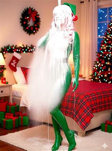 Abbi dressed as elf in PVC covered in cream. WAM A.I. crossdresser