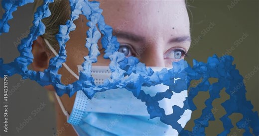 Woman wearing surgical mask tracking animated blue helix sweeping face, showing medical overlay
