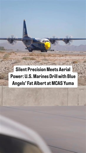 U.S. Marines with the Silent Drill Platoon, Marine Barracks Washington, perform their renowned silent drill sequence during a dramatic flyover by the Blue Angels’ “Fat Albert” C-130J Super Hercules at Marine Corps Air Station Yuma, Arizona, on February 26, 2025.This powerful moment brought together the unmatched discipline of the Silent Drill Platoon and the aerial excellence of the U.S. Navy Blue Angels. Following the performance, both units participated in a joint photo shoot on the MCAS Yuma 