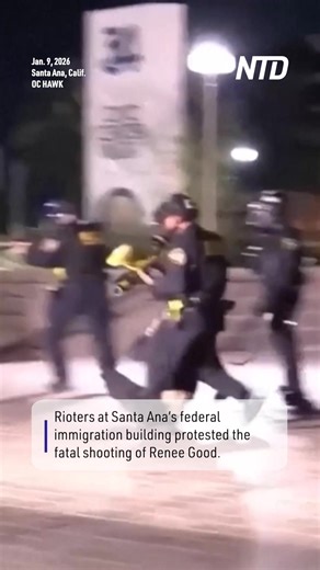 A protest in Santa Ana, California, on Jan. 9 turned violent when protesters marched on a federal immigration building in response to the fatal ICE-involved shooting of Renee Good in Minneapolis. Two officers and one protester were injured. DHS assistant secretary Tricia McLaughlin called the protesters “violent rioters.” | NTD Life