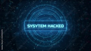 System Hacked Computer Hacking Warning Notification with Computer HUD Matrix Code and Glitch text Stock Video