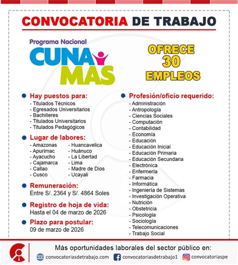 💪💪 Convocatoria CUNA MAS 2026 ✅ Vacantes: 30 📝 Más información: 👇👇👇👇👇 https://www.convocatoriasdetrabajo.com/organizacion-CUNA-MAS-65.html 💲 Remuneración: Entre S/. 2364 y S/. 4864 Soles ✅ ¿Qué profesionales requiere? • Administración • Antropología • Ciencias Sociales • Computación • Contabilidad • Economía • Educación • Educación Inicial • Educación Primaria • Educación Secundaria • Electrónica • Enfermería • Farmacia • Informática • Ingeniería de Sistemas • Investigación Operativa • 