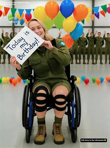 Her Birthday Sign in a Wheelchair Inspired Millions ❤🎂🎉 It began with a single photograph. At first glance, nothing seemed unusual. A young woman was smiling brightly, holding a simple hand-drawn sign: “Today is my Birthday!” But when people looked closer, they realized this was no ordinary picture. She wasn’t standing at a party surrounded by balloons or candles. She was sitting in a wheelchair, dressed in her military uniform. And behind her stood an entire formation of soldiers, standing ta
