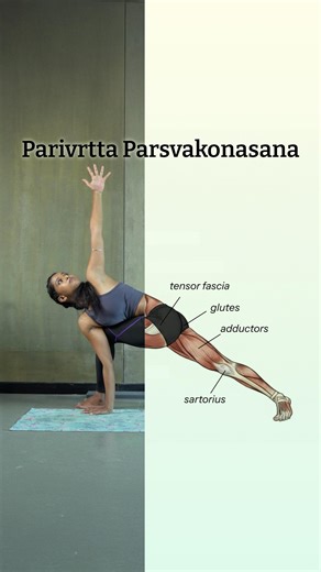 Shvasa | Online Live Yoga & Fitness Classes + Nutrition on Instagram: "Parivrtta Parsvakonasana is a powerful twisting posture that blends strength, stability, and deep internal awareness. Rooted firmly through the legs, the body spirals from the ground up as the torso rotates, creating space along the spine while building resilience in the hips, thighs, and core. The twist originates from length, not force, allowing the chest to open and the breath to move freely even as the body works deeply. 