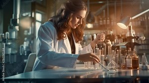 woman wearing a lab coat is performing a precise experiment in a lab. The background is full of modern scientific instruments.