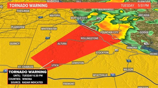 A Tornado Warning has been issued for Winona County and is in effect until 5/21 6:30PM. Take shelter now and stay tuned to Kare 11 on air and online for the latest information. #kare11weather | Laura Betker