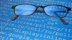 Glasses. Computer program codes running in a scrolling motion Stock Video