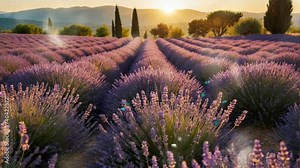Lavender fields in Provence, France. Blooming purple fragrant lavender flowers. Seamless looping time-lapse virtual 4K video animation background.