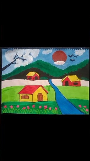 how to draw a beautiful scenery painting with poster color,easy poster color scenery painting step