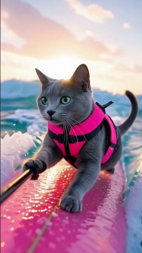 Surfing Cat Rides the Waves! 🌊🐱#SurfingCat #AdventureCat #CatOnSurfboard