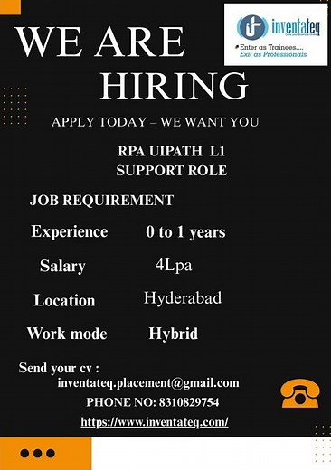 Inventateq.com , jobs for freshers & experience , RPA Ui path L1 support role