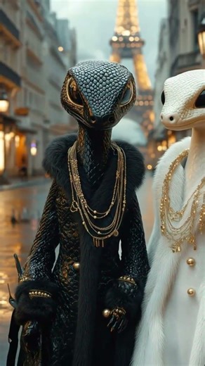 Alien Reptile Couple Visiting the Eiffel Tower