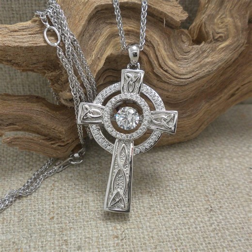Sterling Silver Celtic Cross Pendant: Dancing CZ Stone, Made in Ireland - Etsy
