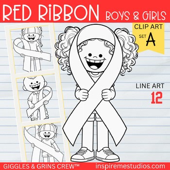 Red Ribbon Week Kids Clipart Line Art — Drug Awareness, School