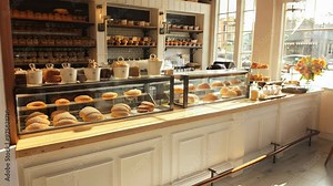 Bright bakery interior with a sleek counter showcasing an array of fresh breads and pastries. Sunlight illuminates rustic shelves and vibrant flowers, creating a warm atmosphere.
