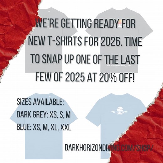 Help us make space... for a brand-new edition of Dark Horizon Diving t-shirts! What's in it for you? A #blackfridaydeals 20% discount on the remaining few from our 2025 t-shirts and the last few baseball caps. There are only selected sizes left. Get them now before they're gone! https://darkhorizondiving.com/shop/ #blackfriday #diving | Dark Horizon Diving